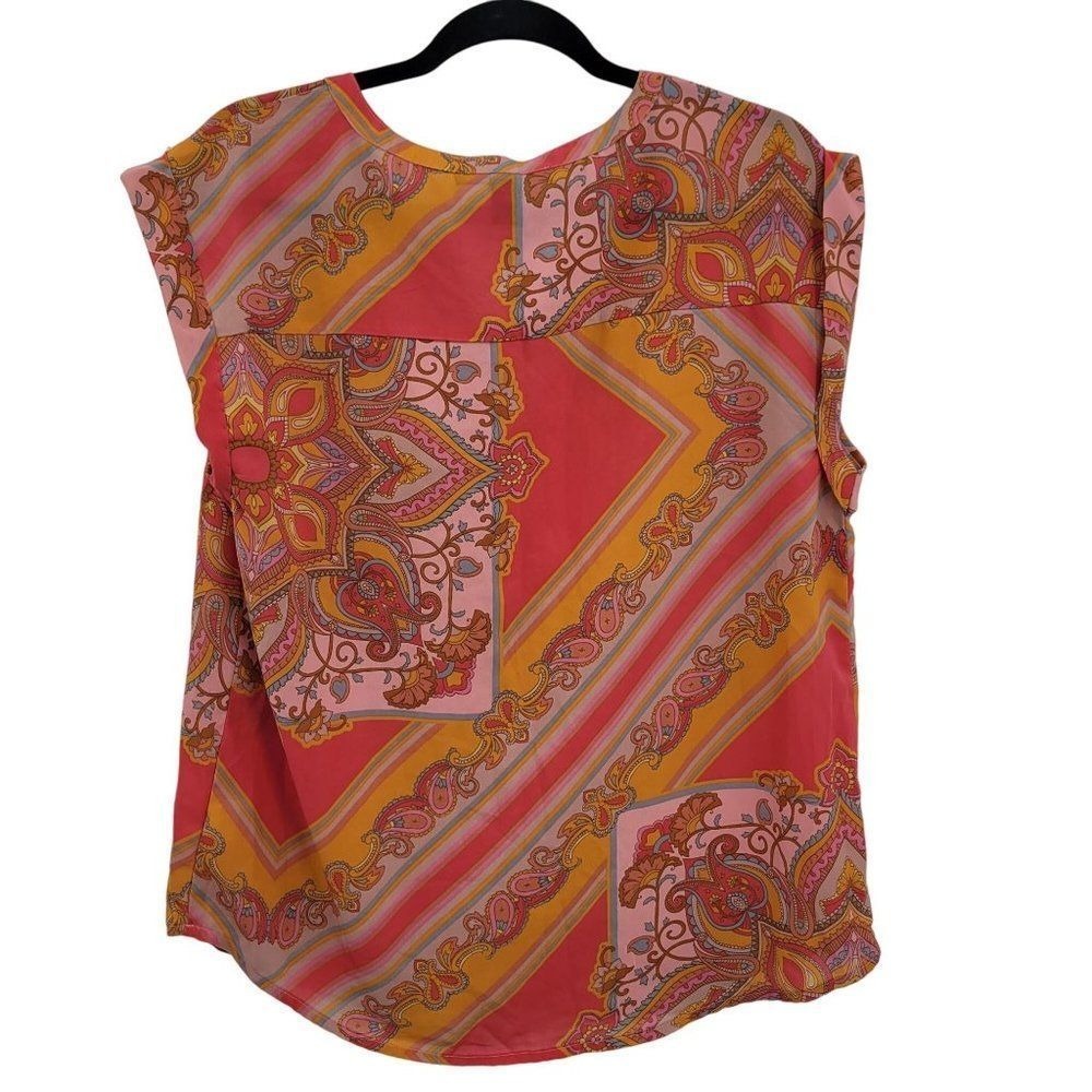Bandolino Boho Paisley Patchwork Scarf Print Blouse Top Sz M Pink Gypsy - Picture 3 of 15